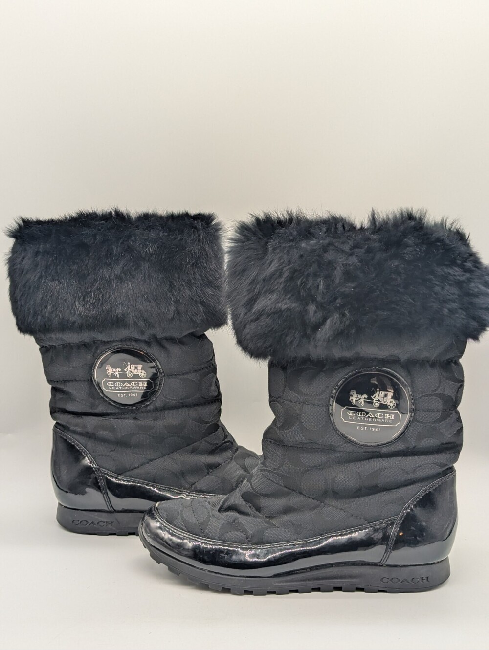 Coach Joyous Quilted Faux Fur Snow Boots Women's size 6 Black Mid-Calf Winter
